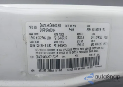 2000 Dodge Grand Caravan Se from USA, damaged, VIN 2B4GP44G6YR719227